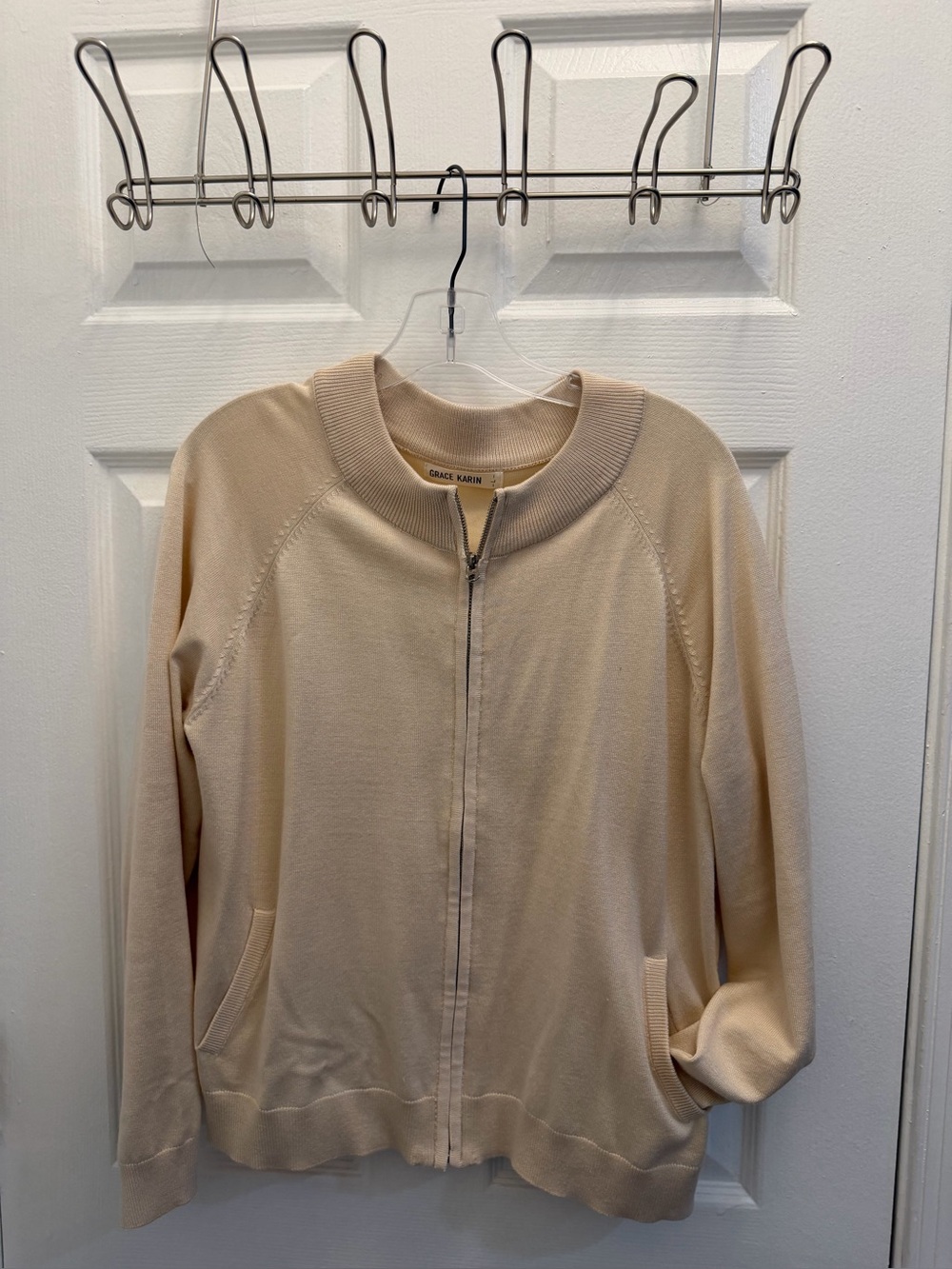 Grace Karin Beige Full-Zip Lightweight Bomber Jacket Sweater